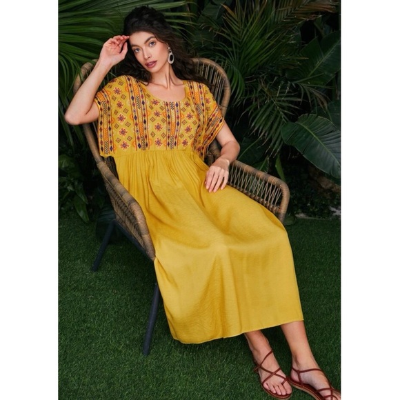 Bohemian Mulvari Embroidery Yoke Maxi Dress Women’s Medium Yellow Gold New Boho - Picture 1 of 6
